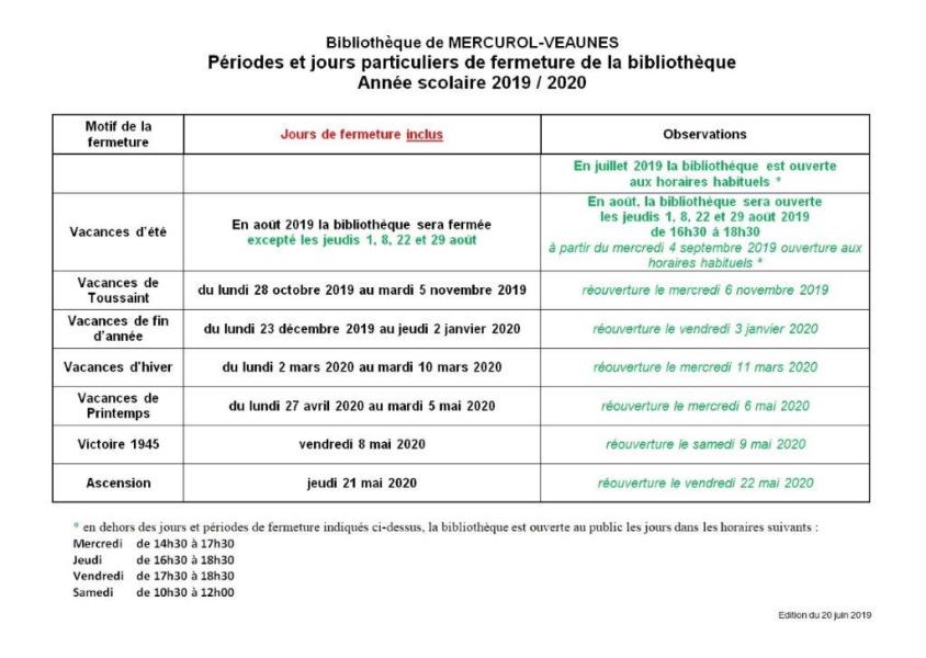 Fermeture biblio 2019 2020 vacances